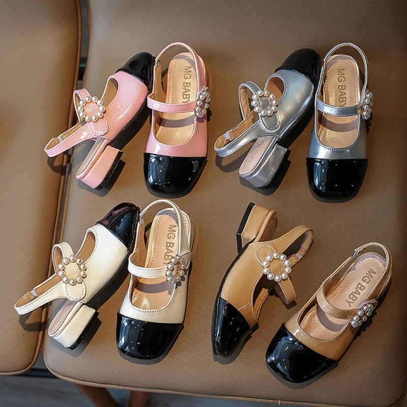 

Patent Leatherette Heeled Slingback Sandals for Girl Elegant Wedding Party Shoes Kids Luxury Pearl Buckle Brand Design Sandalias