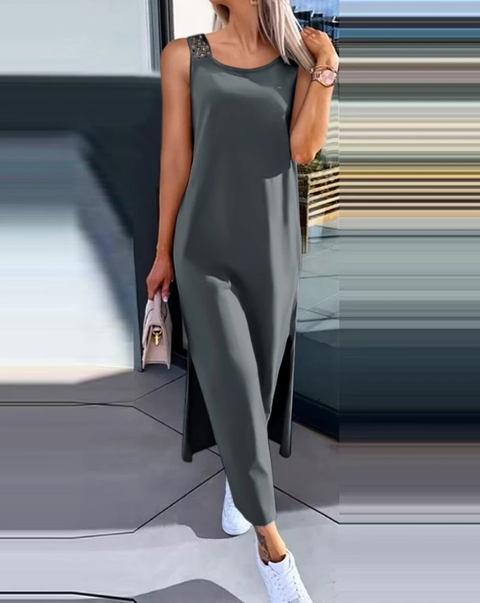 

Женское ажурное платье без рукавов, Повседневное платье с круглым вырезом и разрезом, лето 2024