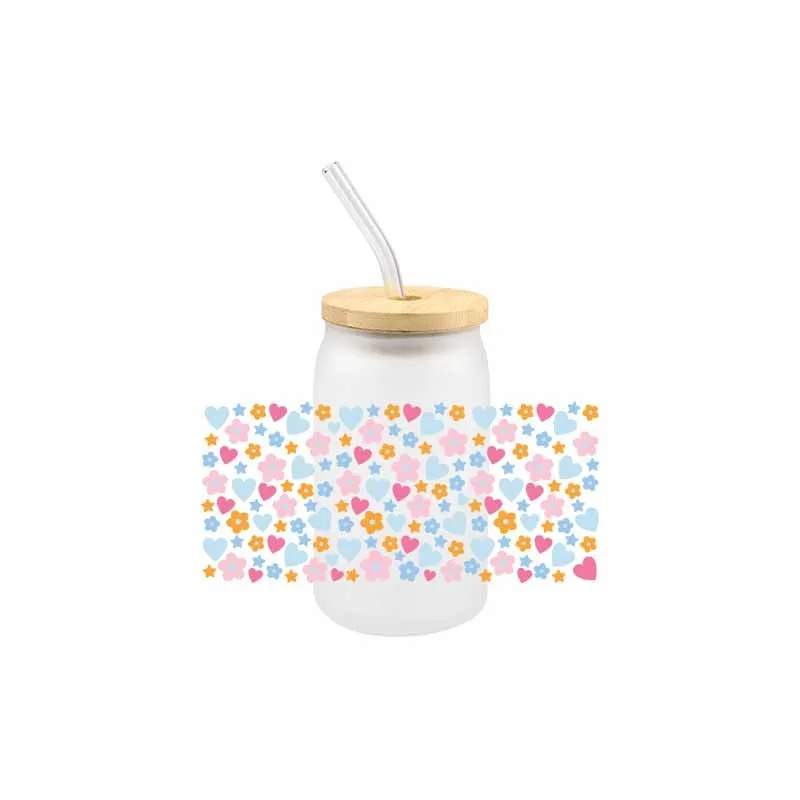 3D Flower UV DTF Transfer Sticker Colorful Waterproof Scratch Libbey Glass Cup 16 OZ Durable Hot Sale
