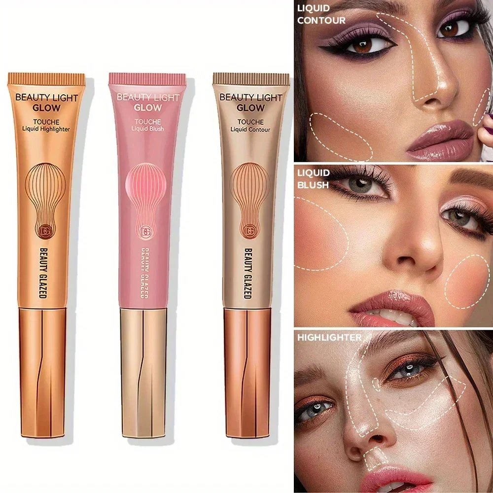 3pcs Makeup Set, Blush Liquid, Highlighter Liquid, Contour 3pcs Multicolor Multifunctional Cosmetics Set for Novices