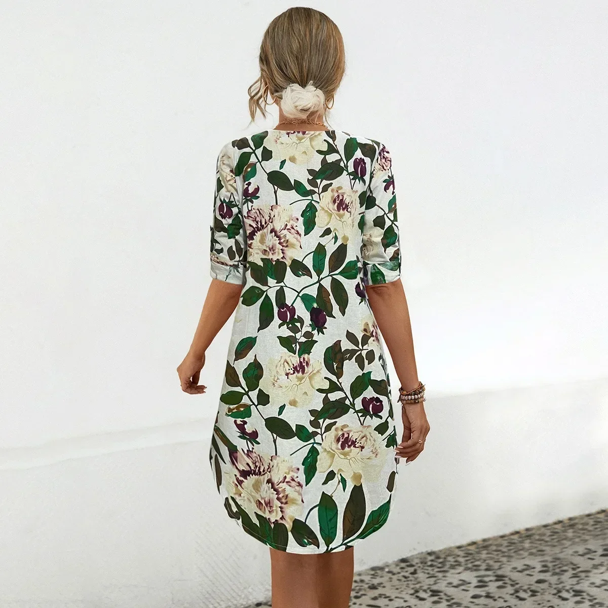 Vintage Elegant Floral Print Women Loose Dress Cotton Linen O-Neck Fashion Ladies Mini Dress Casual Long Sleeve Plus Size Blouse 2
