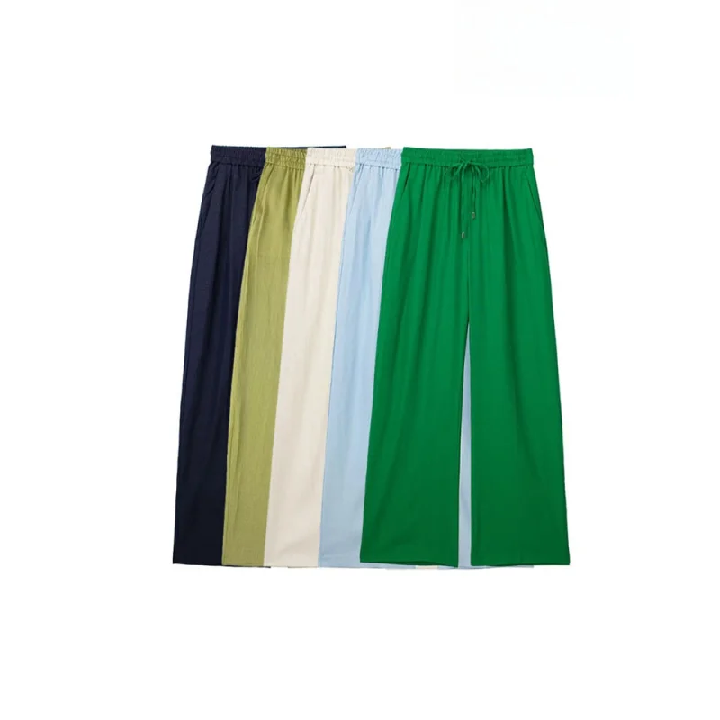 

Women Fashion Side Pockets Linen Wide Leg Pants Vintage High Elastic Waist With Drawstring Female Trousers Mujer