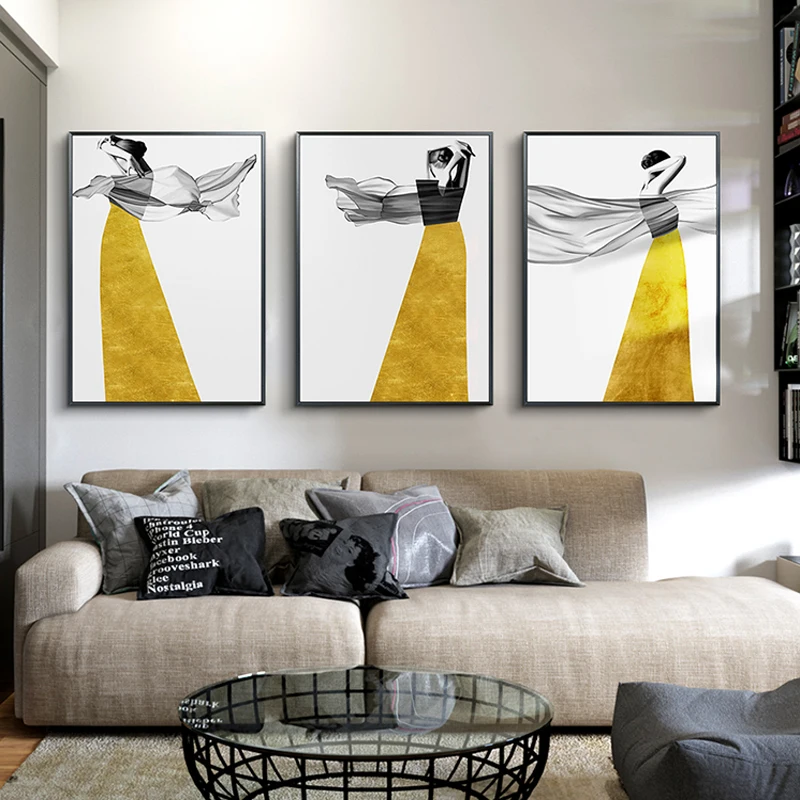 

Nordic Animal Horse Posters and Prints Living Room Bedroom Picture Wall Art Home Decor Modern Canvas Golden Girl Figure Painting