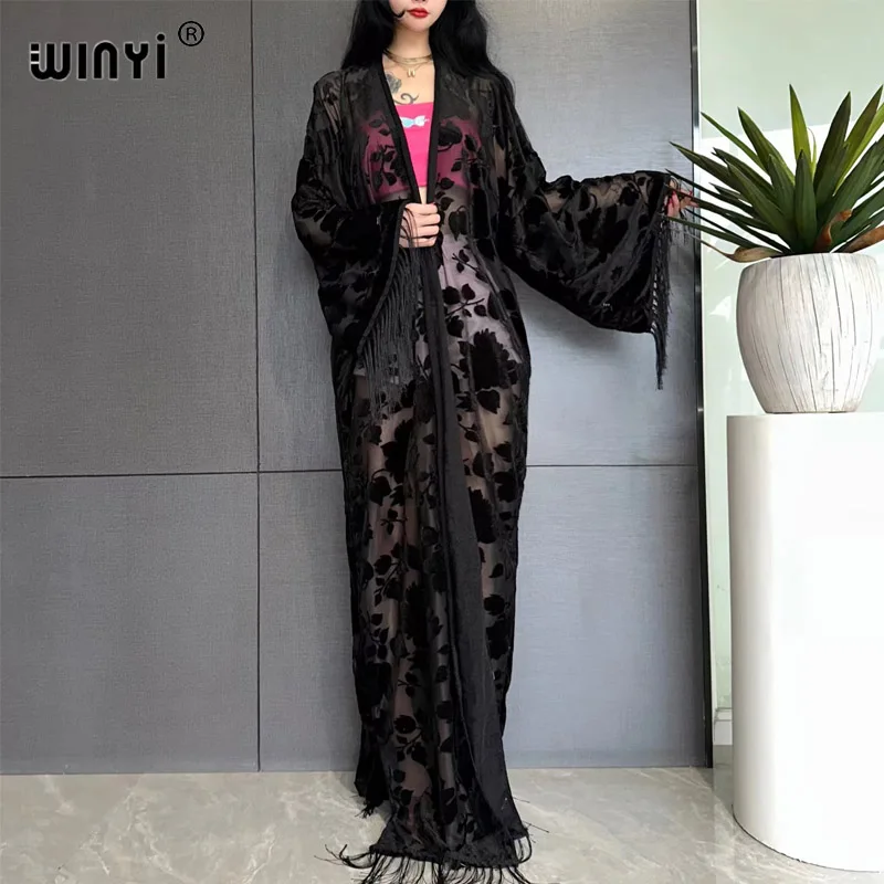 

WINYI Middle East Coat Muslim Fashion Kaftan kimono maxi Robes Streetwear Open Abaya Perspective elegant dress beach cover up