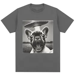 French Bulldog UFO Meme Vintage Graphic Oversized Cotton T - Shirt - XS（old） (Dark gray)