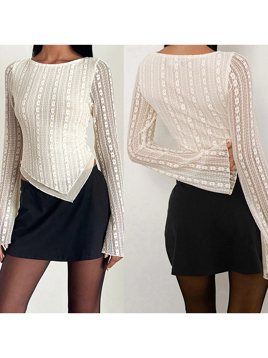 Elegant Lace Trimmed Boat Neck Blouse with Flared Sleeves and Sheer Details for Women s Streetwear Fashion
