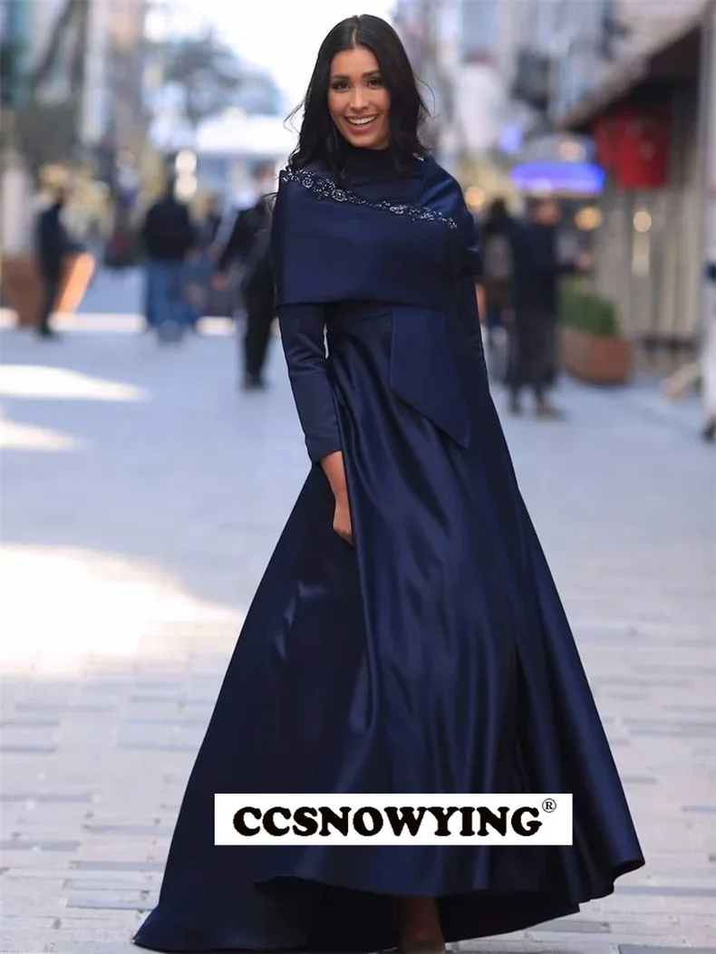 

Long Sleeve Hijab Muslim Evening Dresses Satin Appliques High Neck Islamic Women Formal Party Gowns Arabic Dubai Robes De Soirée