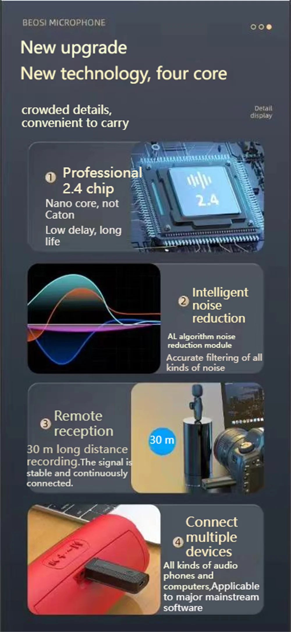 K35Pro Microfone sem fio Lavalier Noise Reduction,