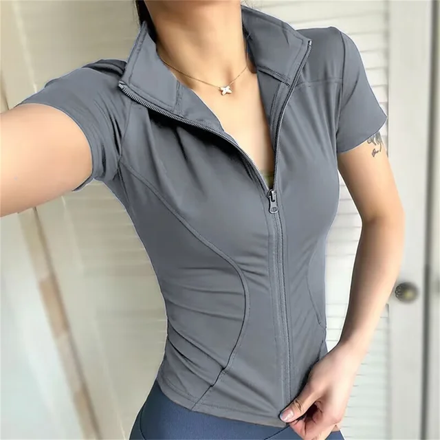 Manteau de Sport Slim décontracté pour femmes, manches courtes, solide, fermeture éclair, hauts pour femmes, cyclisme, course à pied, tenue de Yoga, vêtements d'été, veste de Sport 6 Manteau de Sport Slim décontracté pour femmes, manches courtes, solide, fermeture éclair, hauts pour femmes, cyclisme, course à pied, tenue de Yoga, vêtements d'été, veste de Sport 6