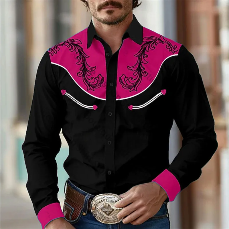 thumbnail image 1 of Camisa de hombre estilo retro occidental con estampado floral 2024, informal, para exteriores, calle, uso diario, primavera y verano, con solapa, manga larga, color negro, tallas S a 5XL, tejido elást, 1 of 5
