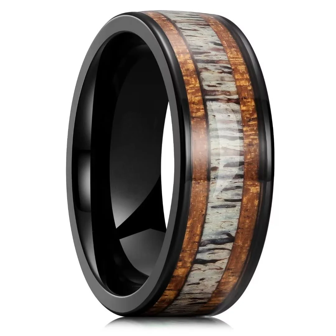 8mm Men Stainless Steel Rings Black Brushed Deer Antler And Koa Wood Wedding Band Jewelry
