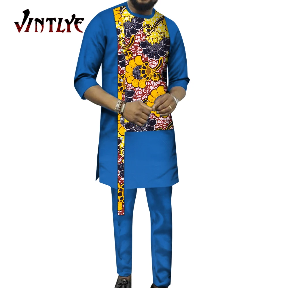 Bazin Riche African Clothes for Men 2 Pcs Set Hip Hop Long Sleeve Shirt and Pant Dashiki African Traditonal Men Outfit WYN1197