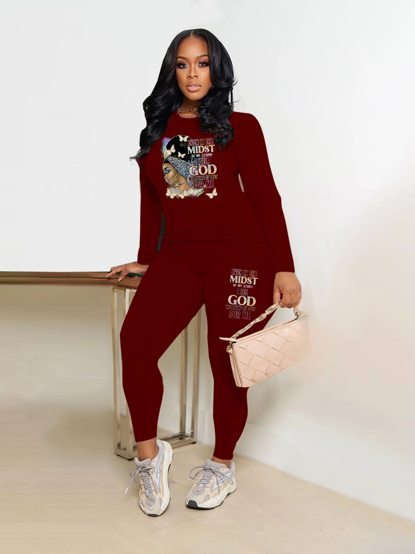 

Europe and America Autumn and Winter Women's New Casual Fashion Print Sports Pocket Two piece Set Women
