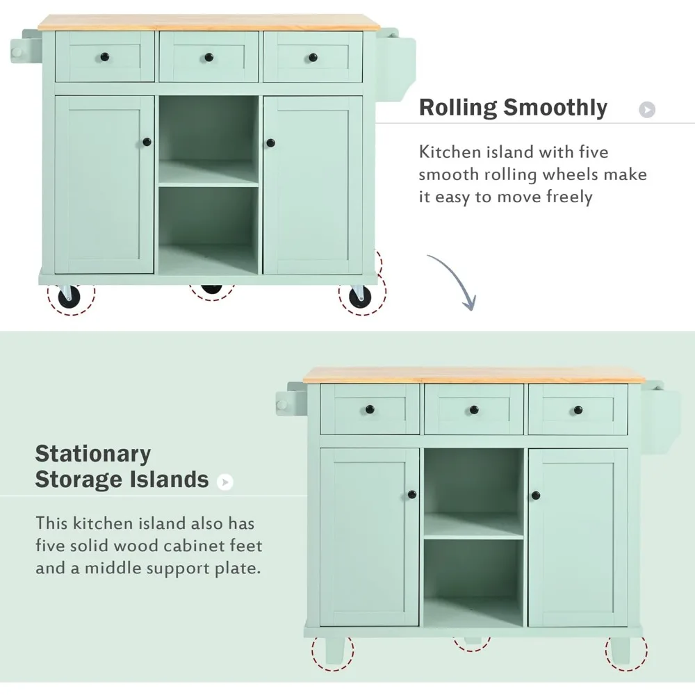 Rolling Kitchen Island with Drop-Leaf Countertop, 5 Wheels, Storage Cabinet & 3 Drawers, Rubber Wood, Mint Green, Mobile Cart 4