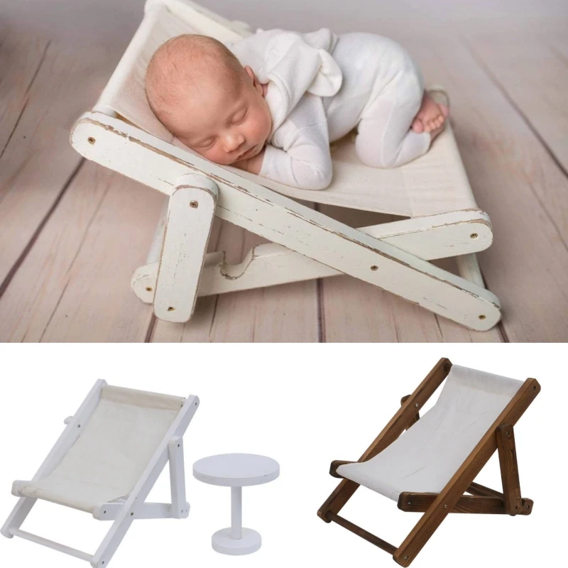 Dvotinst Newborn Photography Props Baby Mini Leisure Wooden Beach Chair with Side Table Accessorio Studio Shoot Photo Props