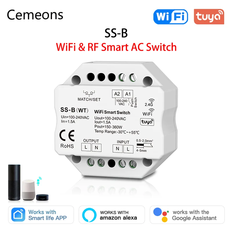 SS-B(WT) WiFi RF 2.4G Dimming AC100-240V TUYA Voice Control AC Switch Push onoff Wall Junction Box Mounting Smart Switch ds e m smart gateway 7 ways 1u rack mount hy0623a0637 data ch01 ch07 usb 3 0x2 ac100 240v 2a switch router catv amplifier