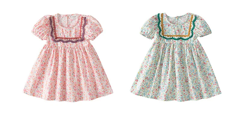 Kids Floral Princess Dress   Bohemia Girls Summer Lace Korean Children's Round Neck Short-Sleeved Boho Sweet Print Boatneck Dresses for Bohemian Girl in Pink Green