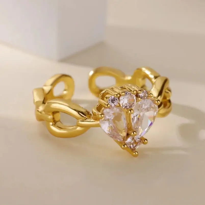 Luxury 18K Gold Plated Crystal Heart Adjustable Ring