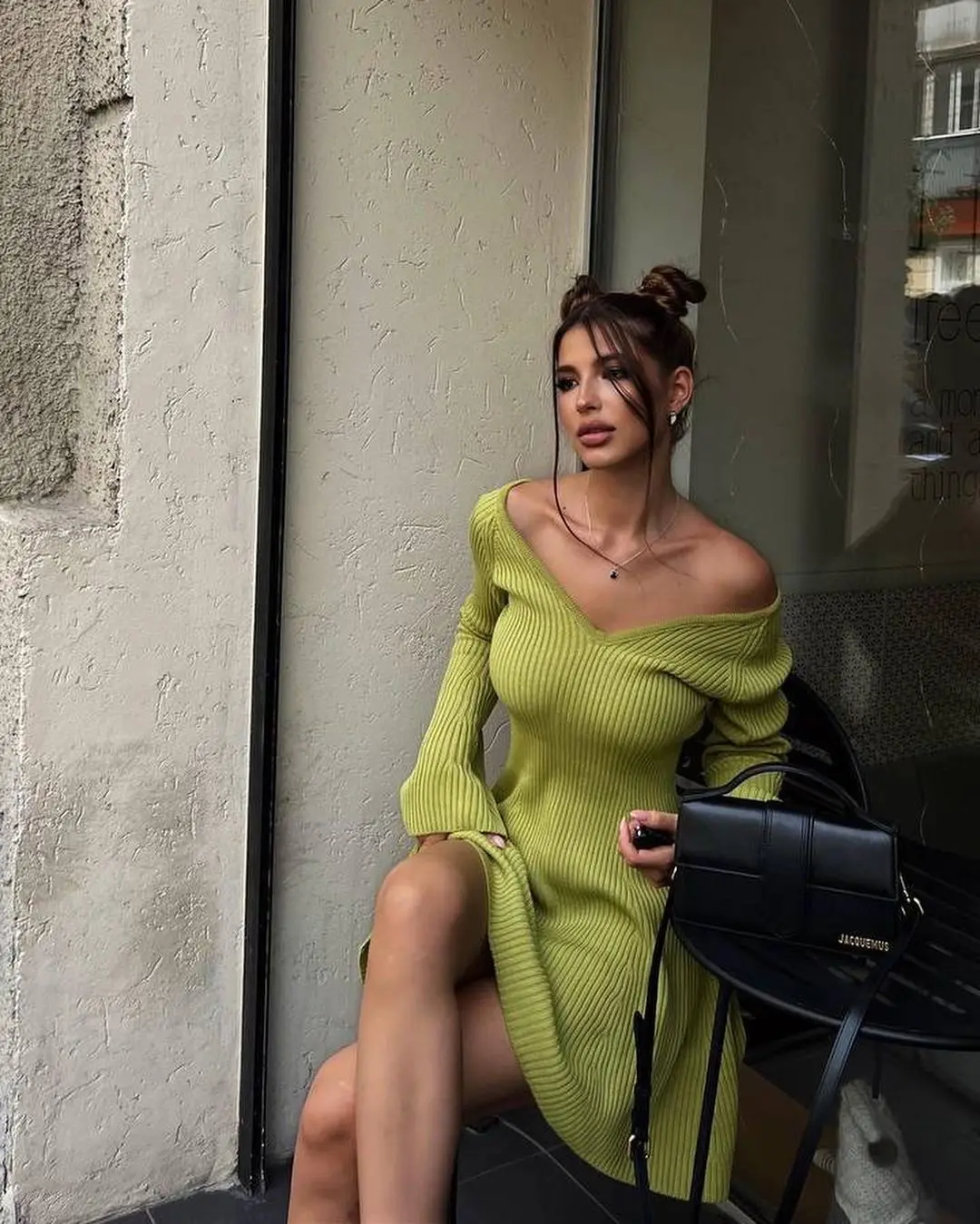 Knit Off-Shoulder V-Neck Mini Dress For Women Ribbed Loose Casual High Waist Long Sleeve Knitwear Dress Women's Mini Dress