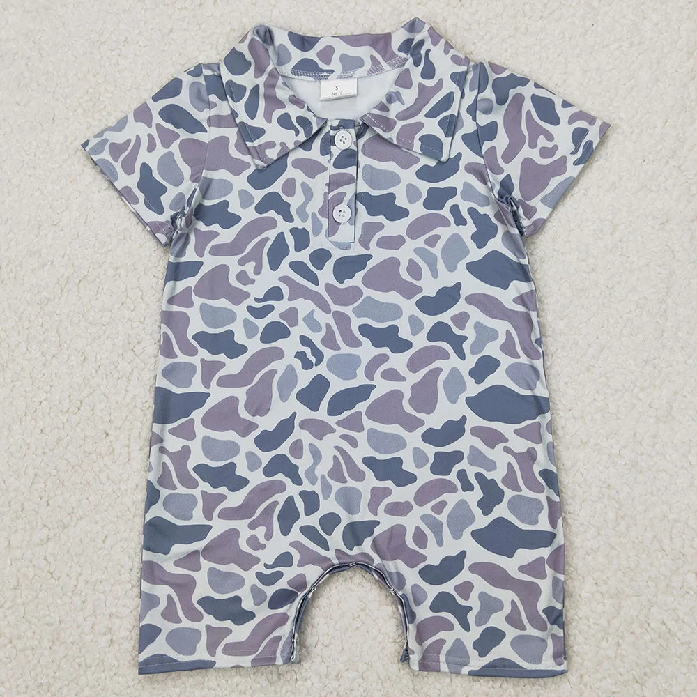 Boutique Infant Baby Boys Rompers Short Sleeves Gray Camo Button Rompers Fashion Summer Toddler Boys Bubbles Onesie Kids