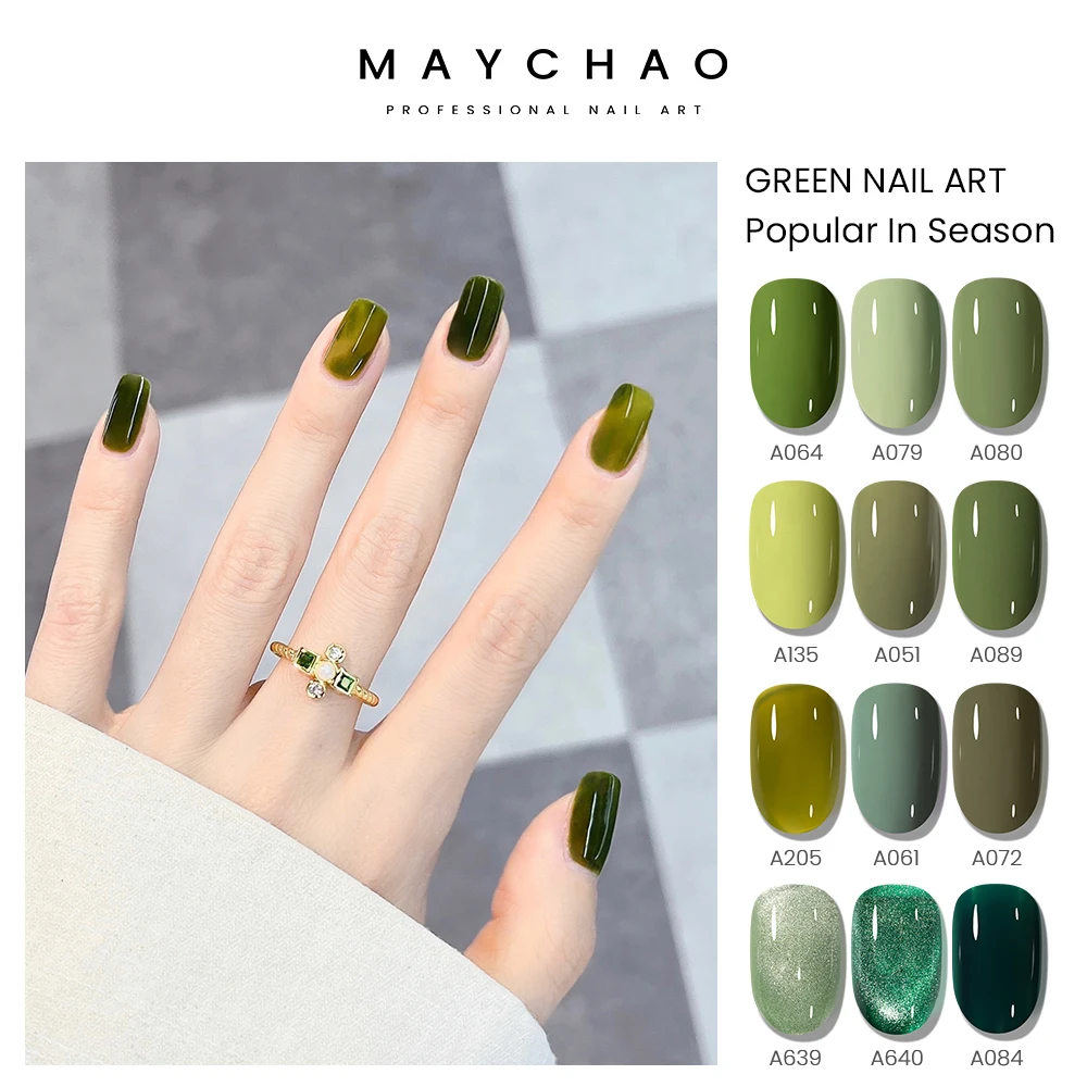 

MAYCHAO Green Series Spring Glitter Gel Nail Polish Semi Permanent Soak Off UV LED Varnish Gel DIY for Nail Art Manicure Design
