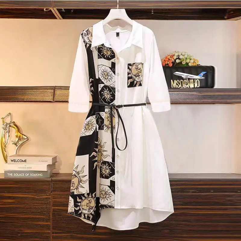 

Women's Clothing Office Lady Fashion Casual Loose Printing Button Short Sleeve Turn-down Collar Temperament Asymmetrical Dresses