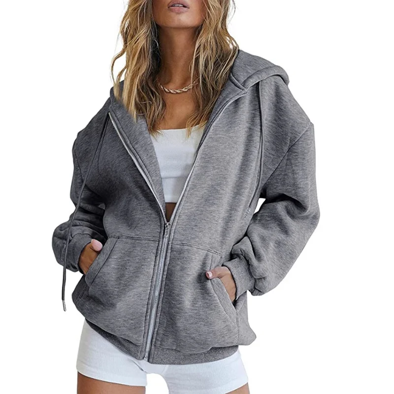 New Women's Solid Color Zipper Hoodie Sweater Coat Women's Street Personality Zipper Long Sleeve Hoodie Jacket Top