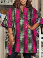 Plus Size VONDA Summer Tops Women 2024 Short Sleeve Printed Bohemian Vintage Blouses Fashion V-Neck Casual Loose Shirts Oversize - Image 2