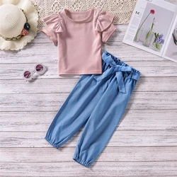 1 6 anos conjuntos de roupas da menina do bebê verão sólido manga curta topo + calças compridas 2 pçs terno 2022 novas crianças roupas meninas trajes