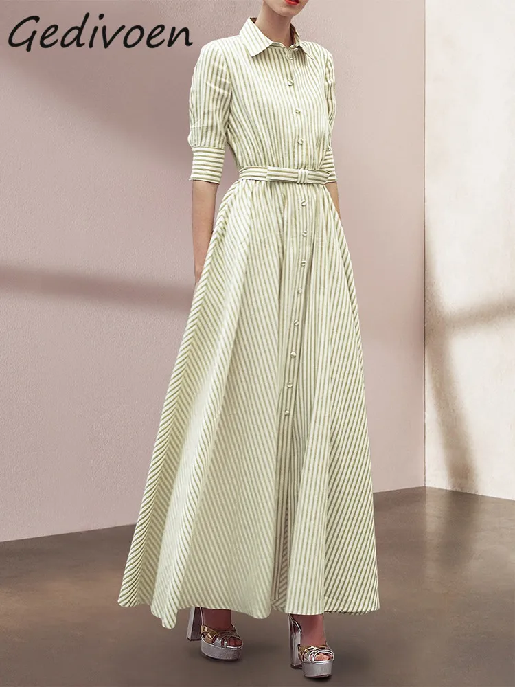 

Gedivoen Summer Fashion Designer Vintage Single Breasted Striped Dress Women Polo Neck Bow Sashes Party Light Green Long Dress