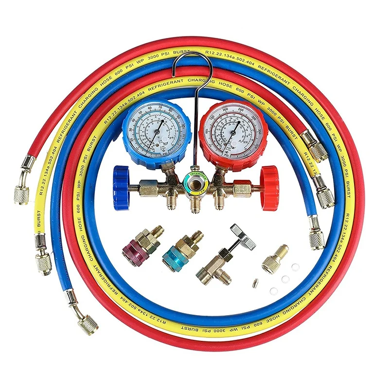

5FT 3-Way AC Manifold Gauge Set For Freon Charging, Fits R134A/R12/R22/R502 Refrigerants,With Acme Adapter And Can Tap