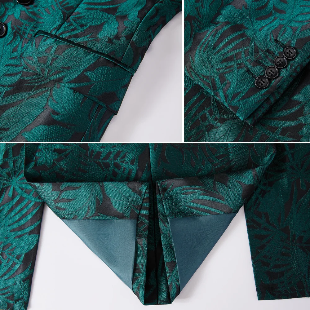 Elegant Men's Suit Green Printing Double Preasted Slim Fit Blazer And Pants Nightclub Singer Banquet New Male Jacket 2 Piece Set