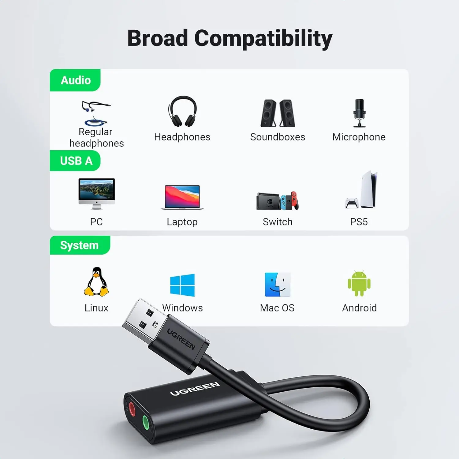 UGREEN USB 외장 사운드 카드 USB-3.5mm 오디오 어댑터 마이크 스피커 컨버터 플러그 앤 플레이 데스크탑 PC PS4 PS5용