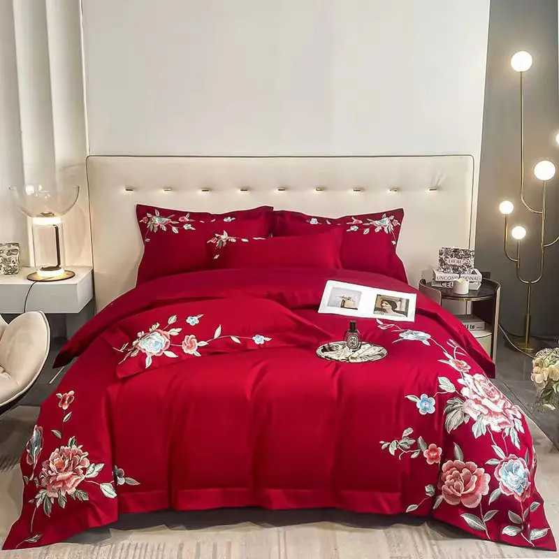 

Luxury Bedding Set 160s Long Staple Cotton 100% Duvet Cover Wedding Red Embroidery Bed Sheet Twin Queen King Size Pillowcases