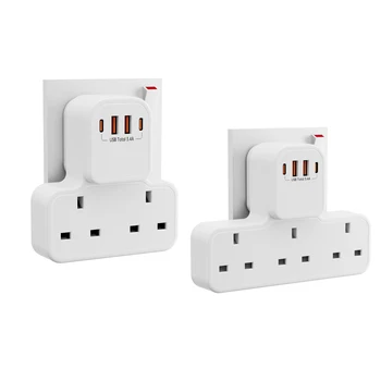 ปลั๊กพ่วงไฟฟ้าติดผนัง 3250 วัตต์ แบบ UK พร้อมตัวกรองไฟฟ้า ช่องเสียบหลายช่อง 2 ช่อง USB-A และ 2 ช่อง USB-C สำหรับชาร์จ 1