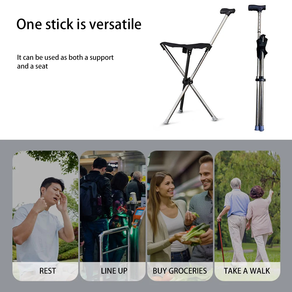 Walking Stick Stool Lightweight Adjustables Cane with Seats 3 Legged Heavy Duty Steel Walking Stick for Elderly Disabled