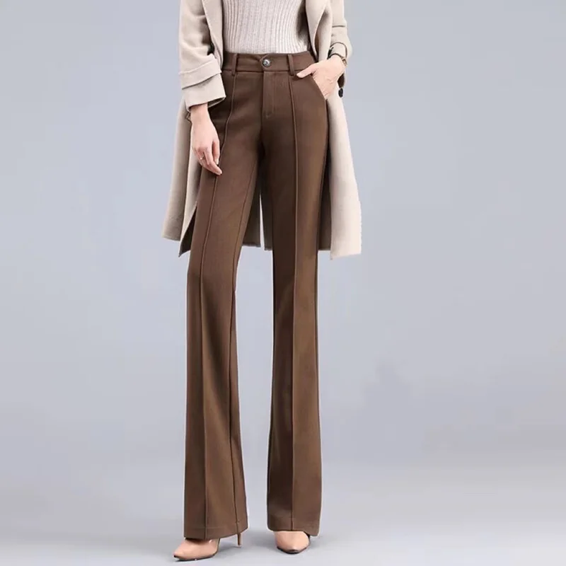 

Brown Fashion Woolen Trousers Women's Autumn Winter New High Waist Slim Pockets Thickened Elegant Straight Flared Trousers