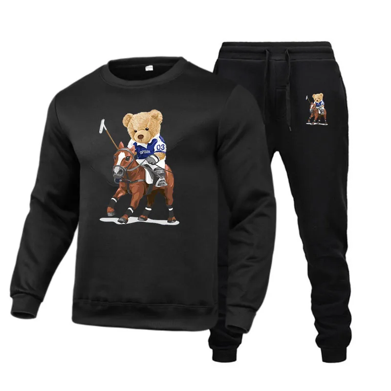 Bear Printed Sweatshirt Mens 2 piece set winter tracksuit mens warm tracksuits  sweatshirts sweatpants streetwear jogging set