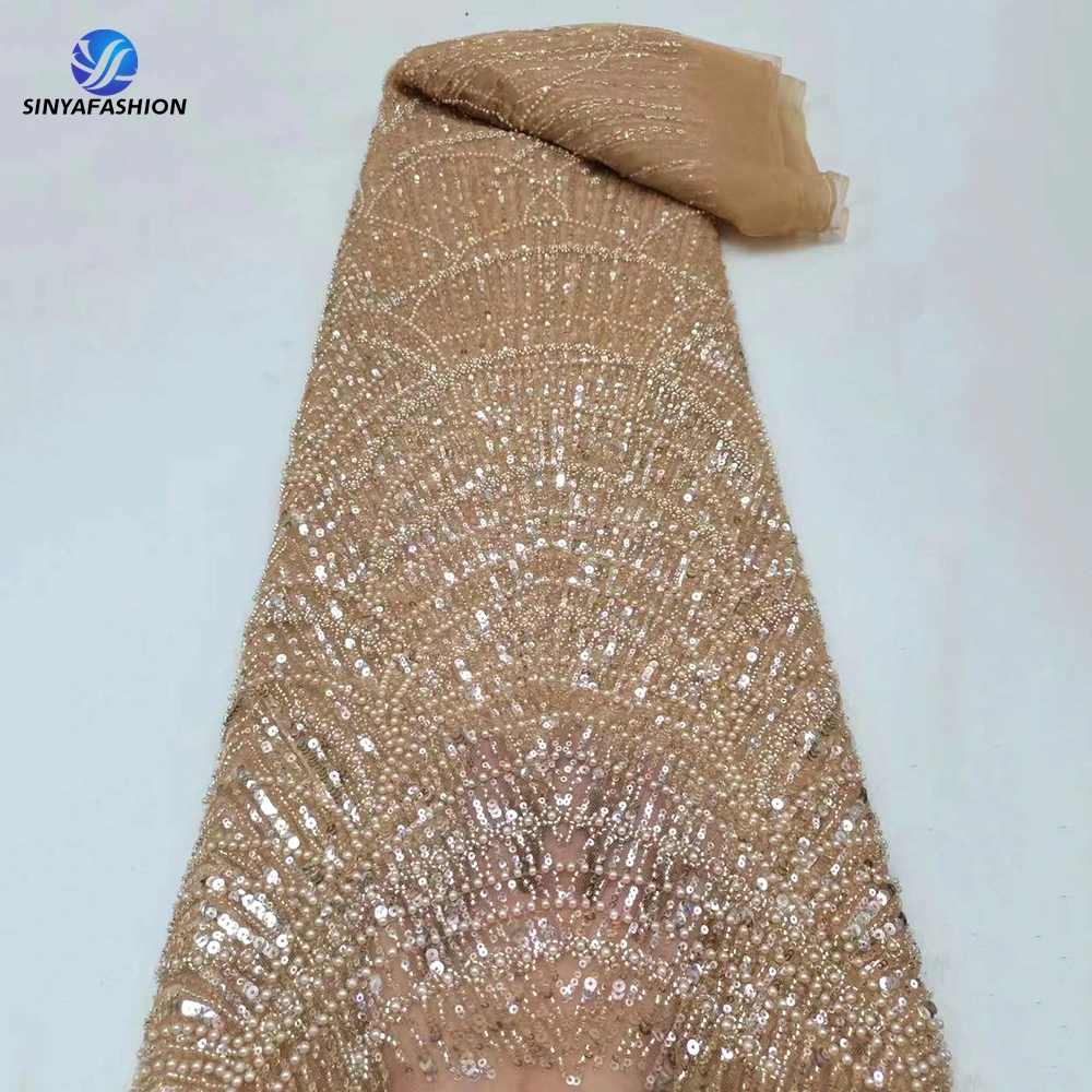 

Luxury Heavy Handmade Beaded Lace Fabric With Sequins Pearls Sinya High Quality Embroidery French Tulle African Nigerian Lace