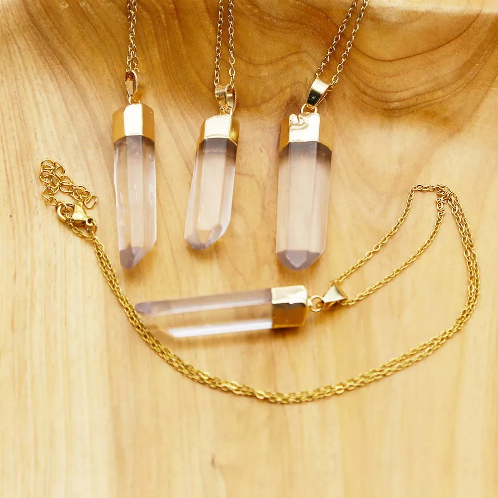 Natural White Crystal Pendant Stainless Steel Gold Plated Chain Necklace Charm Jewelry Men's And Women's Party Accessories 6Pcs