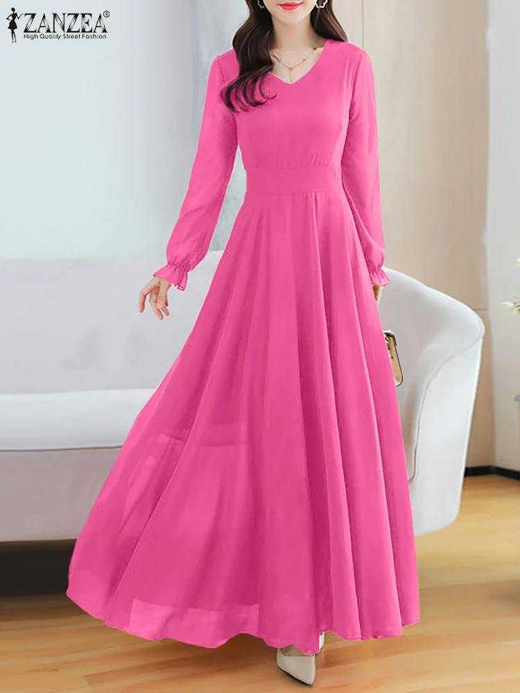 

ZANZEA Women Fashion Maxi Dress Autumn 2023 Casual Long Sleeve V Neck Long Vestidos Elegant Waisted Red A-line Party Dresses