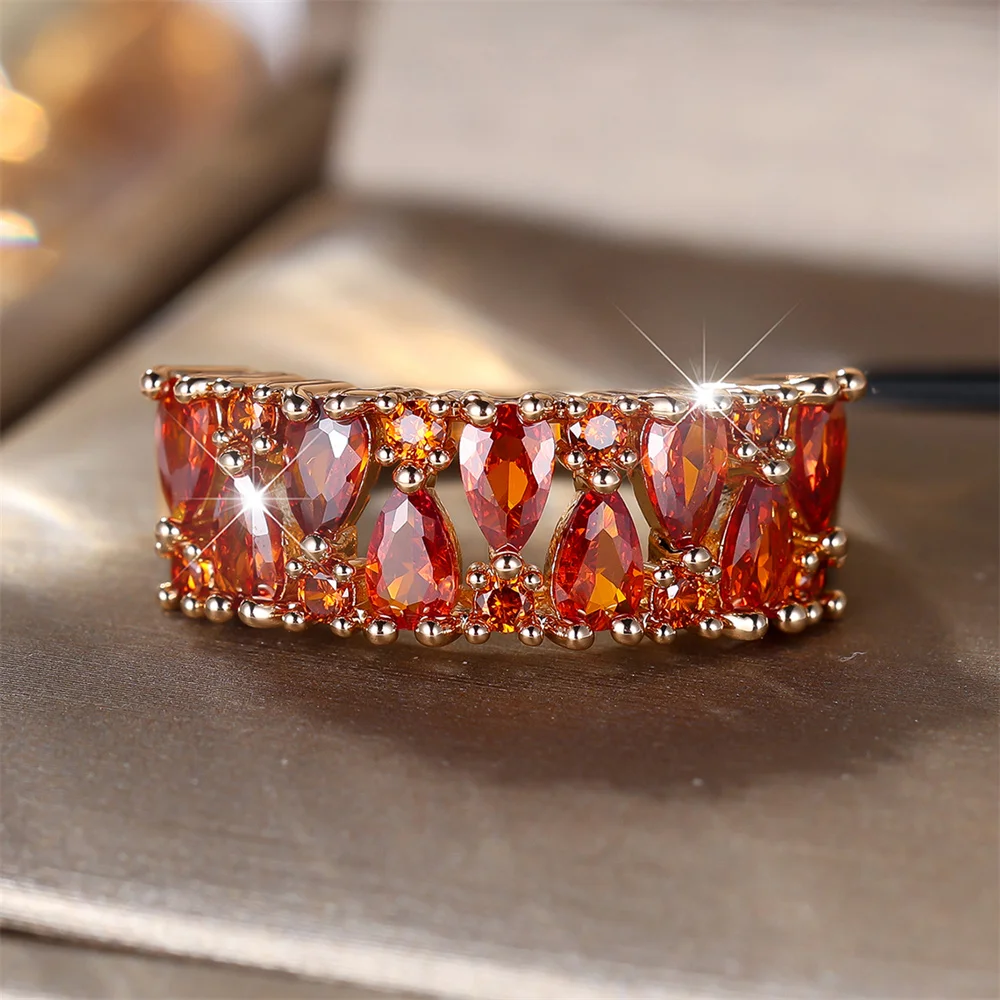 Red Zircon Pear Cut Stone Water Drop Rings For Women Vintage Gold Color Engagement Ring Wedding Jewelry Bridal Birthday Gifts