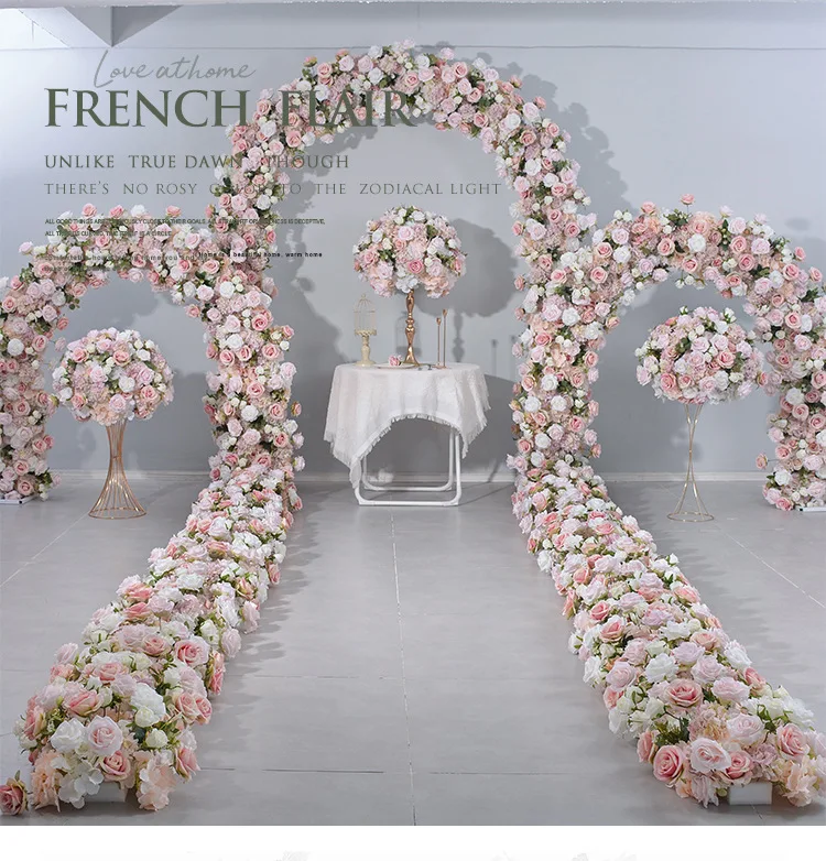 Description Picture 5 of itemLuxury Curved Arched Flowers Wedding Backdrop Flower Pink Rose Hydrangea Greenery Floral Arrangement Decor Arch Frame Party Prop