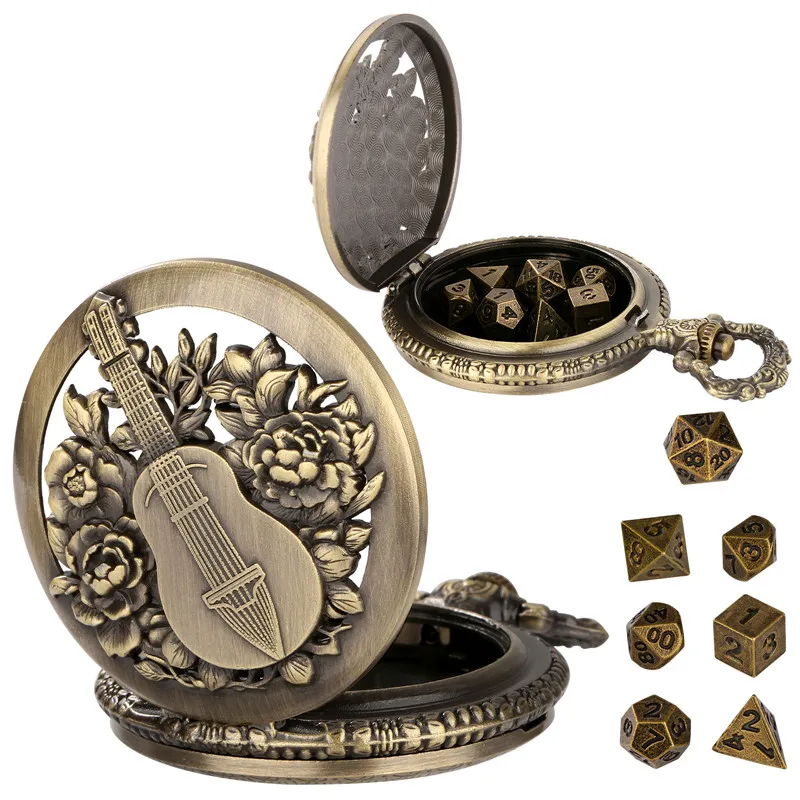 Vintage 7 x polyedrische Würfel aus Metall, Rollenspiel-Gaming-Würfel mit hohlem Gitarren-Blumen-Design, Taschenuhrengehäuse, Anhänger, Kette, Geschenke – Detail 3