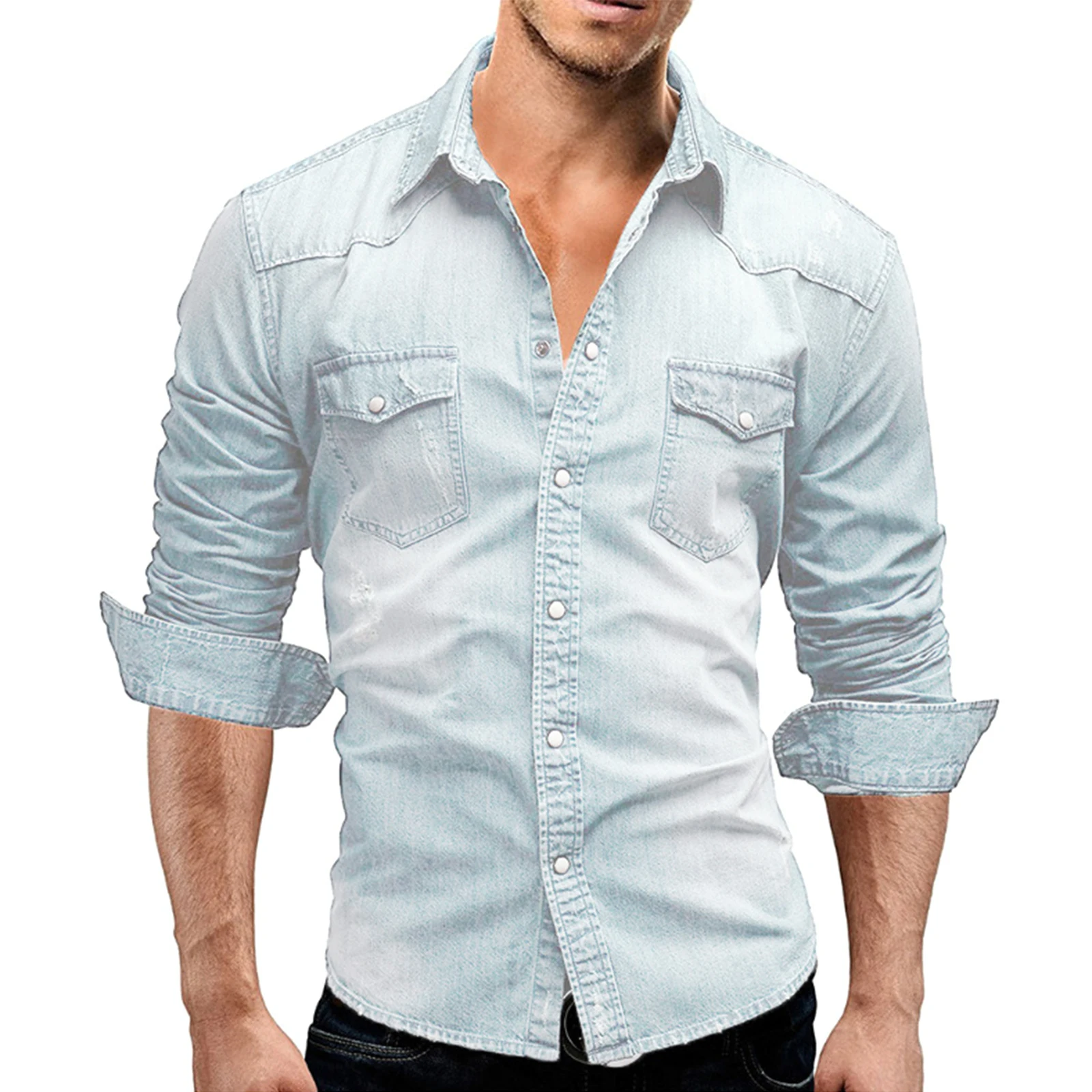 Men Spring Autumn Casual Shirts Solid Color Long Sleeve Lapel Denim Tops Button Shirts for Party denim shirt long sleeved shirt