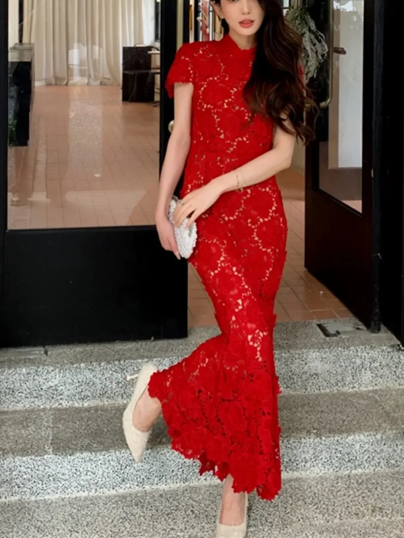 

Women's Midi Dress 2023 New Lace Hollow Out O-Neck Stand Collar Elegant Slim Short Sleeve Robes