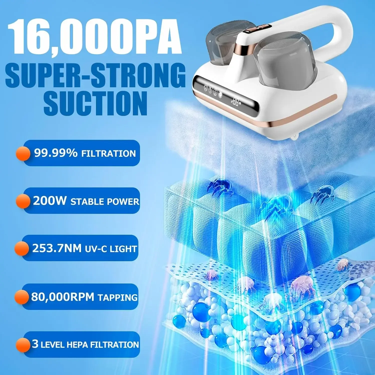16 UV Mite Remover New Mattress Vacuum Cordless Handheld Cleaner Powerful Suction for Cleaning Bed Pillows Clothes Sofa 3