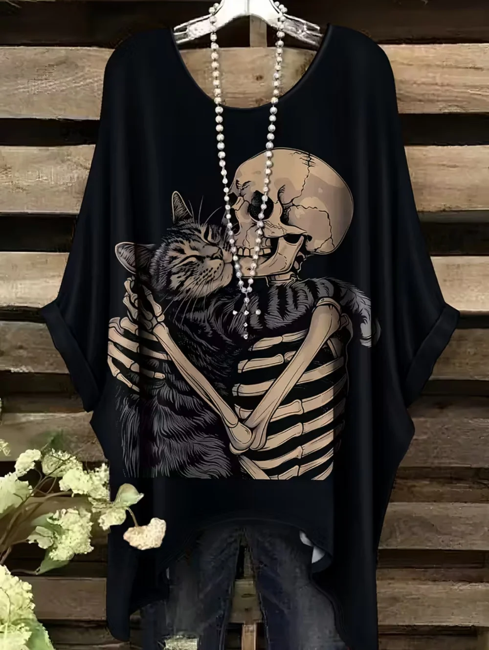 รูปสินค้า เสื้อยืดโอเวอร์ไซส์สไตล์ Y2K ลายหัวกะโหลกโบฮีเมียน