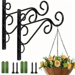 Set of 2 Rustic Iron Wall Hooks for Hanging Plants and Flower Pots - Outdoor Decorative Planter Hangers with Mounting Hardware (2pcs black)