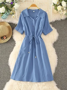 Summer Short Sleeve High Waist Drawstring Midi Dresses Solid Color Thin Button Polo Collar Dresses For Women 2023 Simple Dresses